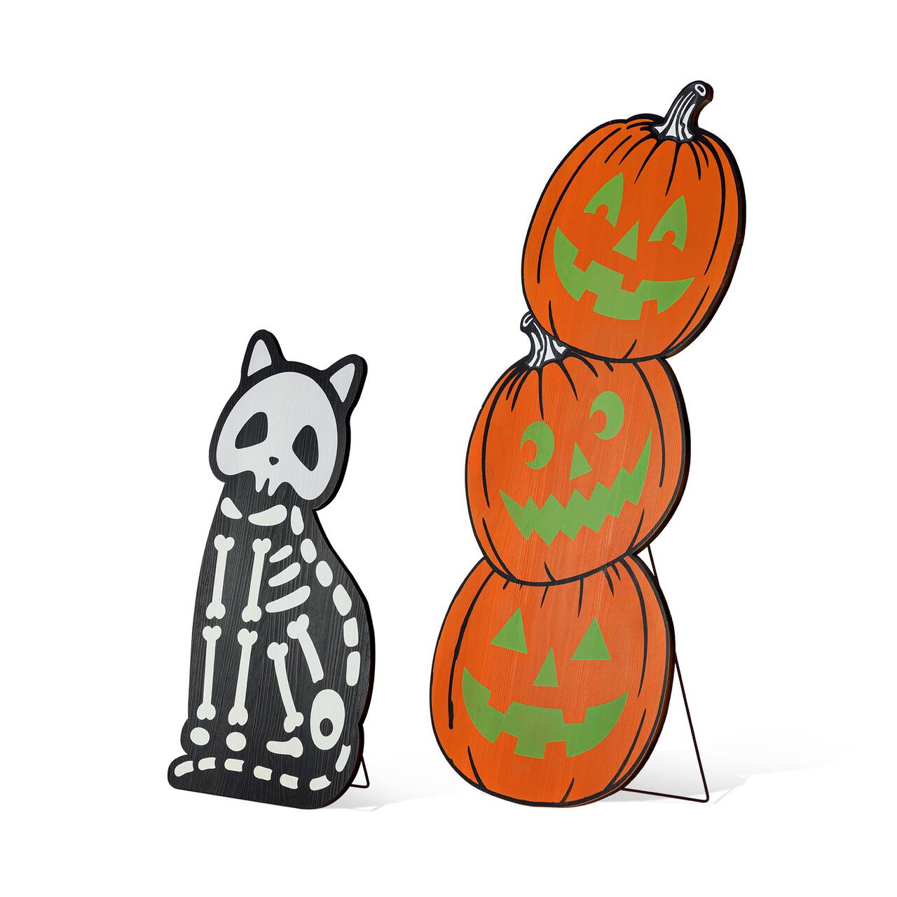 Glitzhome® Halloween Wooden Skeleton Cat and Stacked Pumpkin Porch Decor Set